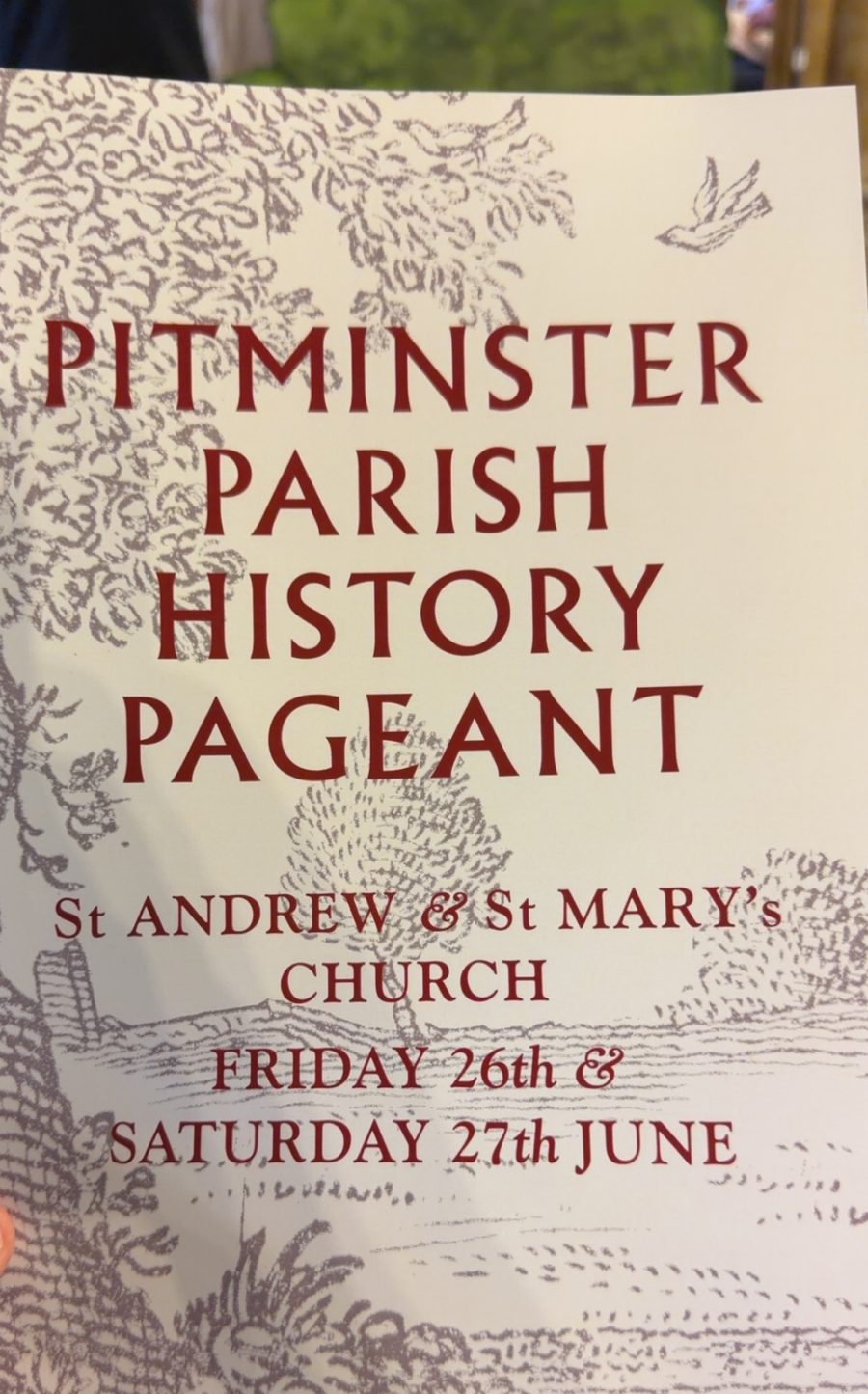 The programme of the Pitminster Parish History Pageant, staged in St Andrew and St Mary's church on Friday 26 and Saturday 27 June 2026